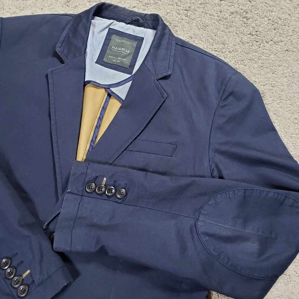 Pull&Bear Men's Blue Unstructured Blazer Jacket Large L EUR 2-Button Sport Coat‎